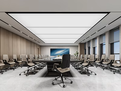 Modern Conference Room Interior With Long Conference Table Office Chairs Large Screen And Wooden Walls 3d model