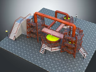 Industrial Building With Large Pipes Circular Yellow Liquid Tanks And Metal Framework 3d model