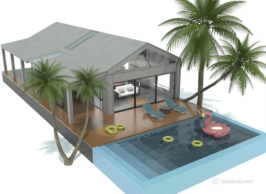 Detached Villa With Swimming Pool Surrounded By Palm Trees Lounge Chairs And Wooden Deck Floats 3d model 