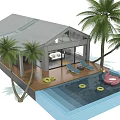 Detached Villa With Swimming Pool Surrounded By Palm Trees Lounge Chairs And Wooden Deck Floats