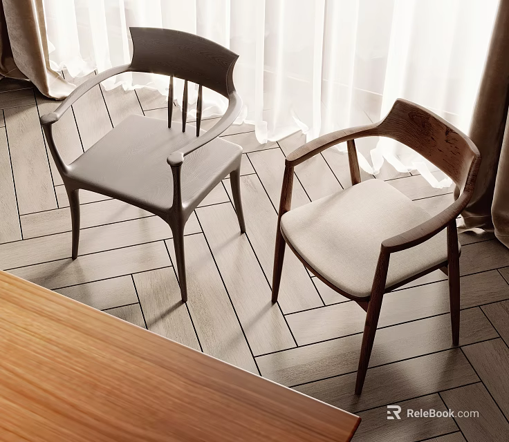 Leisure Chairs With Wooden Frame Gray And Beige Cushions By Curtains On Herringbone Floor 3d model 