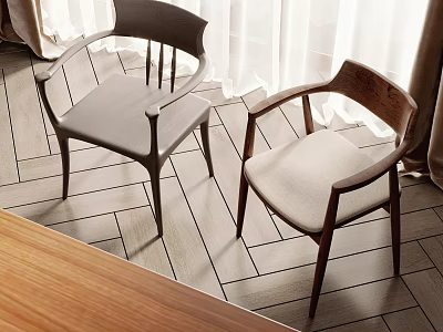 Leisure Chairs With Wooden Frame Gray And Beige Cushions By Curtains On Herringbone Floor 3d model