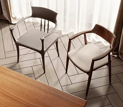 Leisure Chairs With Wooden Frame Gray And Beige Cushions By Curtains On Herringbone Floor 3d model