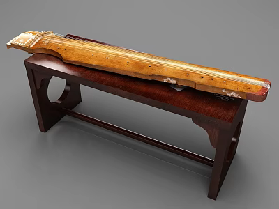 Traditional Chinese Guqin Musical Instrument with Artistic Paintings on Wooden Table Stand 3d model