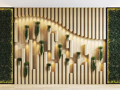 Green Plant Wall with Wooden Slats Wavy Arrangement and Hanging Plants Lighting Decor 3d model