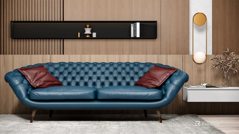 Blue Tufted Two Seater Sofa with Red Cushions Wooden Wall Black Shelf and Round Mirror 3d model 