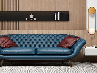 Blue Tufted Two Seater Sofa with Red Cushions Wooden Wall Black Shelf and Round Mirror 3d model