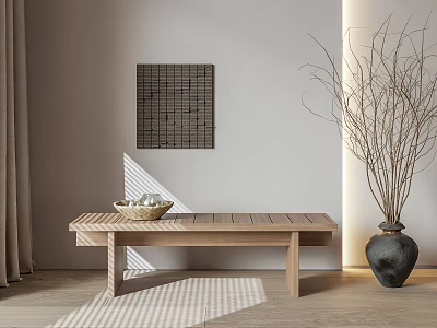 Wooden Bench in Modern Interior with Decorative Painting and Vase of Twigs 3d model