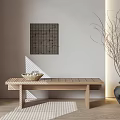 Wooden Bench in Modern Interior with Decorative Painting and Vase of Twigs