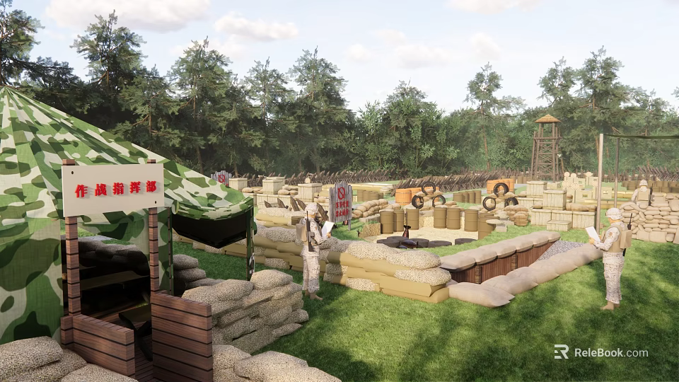 Wolf Warrior Outdoor Expansion Area Featuring Camouflage Tent Sandbag Bunkers Trees And Watchtower 3d model 