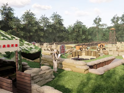 Wolf Warrior Outdoor Expansion Area Featuring Camouflage Tent Sandbag Bunkers Trees And Watchtower 3d model