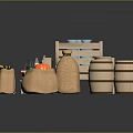 Rustic Market Display Components With Wooden Cart Crates Blue Jars Barrels Sacks And Produce