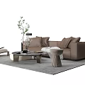 Modern Brown Sofa Coffee Table Combination With Pillows Stool Green Plant And Rug 3d model
