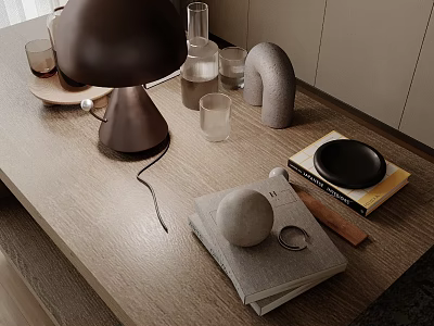 Modern Home Tabletop Decor With Wooden Surface Lamp Books And Stylish Objects 3d model