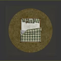 Wooden Bed Frame With Green And White Checkered Quilt And Pillows On Beige Carpet