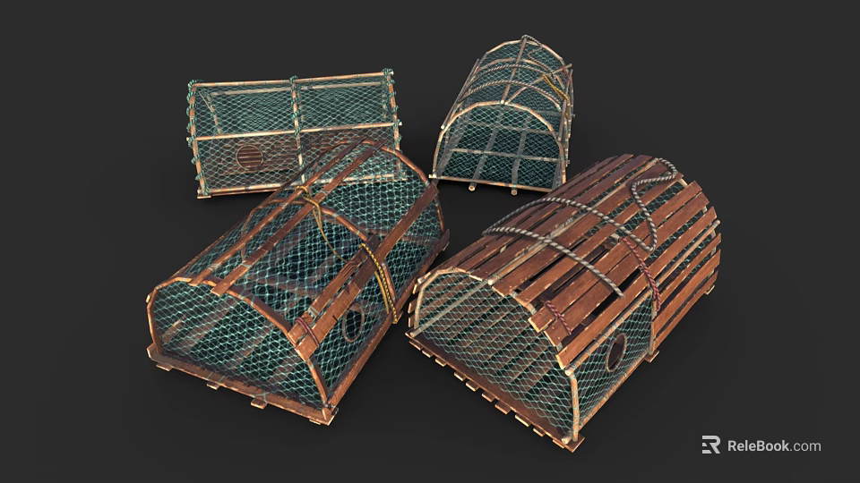 Vintage Decorative Ornament Set Featuring Wooden Frame And Netting Design Cages For Home Decoration 3d model 