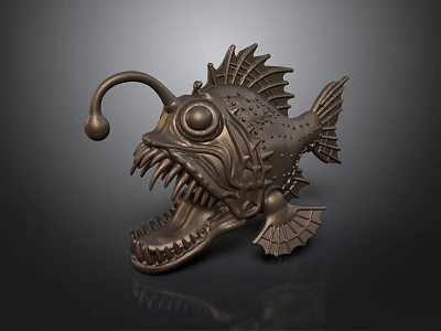 Detailed 3D Anglerfish Model with Metallic Texture Open Mouth Long Lure Prominent Eyes Spiky Structures 3d model