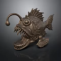 Detailed 3D Anglerfish Model with Metallic Texture Open Mouth Long Lure Prominent Eyes Spiky Structures