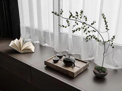 Natural Window Sill Teaset On Wooden Tray With Open Book And Green Plant 3d model