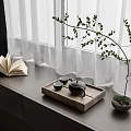 Natural Window Sill Teaset On Wooden Tray With Open Book And Green Plant