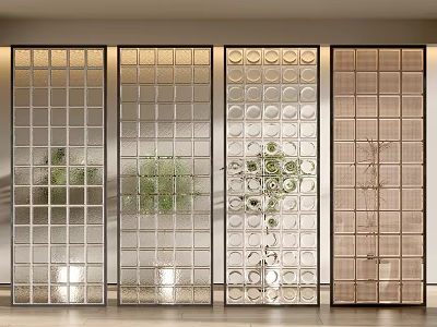 Modern Glass Room Dividers with Grid and Circular Patterns and Decorative Plants 3d model