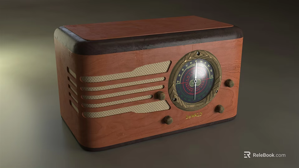 Vintage Brown Wooden Radio Featuring Round Dial Side Knobs And Light Decorative Strips 3d model 