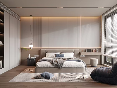Modern Minimalist Bedroom Interior With King Bed Gray Area Rug Bookshelf Floor Lamp Bay Window 3d model