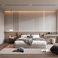 Modern Minimalist Bedroom Interior With King Bed Gray Area Rug Bookshelf Floor Lamp Bay Window