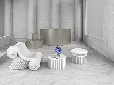 White Leisure Chair With Gray Wall Marble Floor And White Stools Side Table Blue Bouquet 3d model