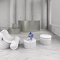 White Leisure Chair With Gray Wall Marble Floor And White Stools Side Table Blue Bouquet