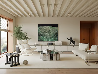 Modern Bright Living Room With White Furniture Glass Coffee Table Green Painting And Wooden Beams 3d model