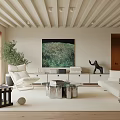 Modern Bright Living Room With White Furniture Glass Coffee Table Green Painting And Wooden Beams