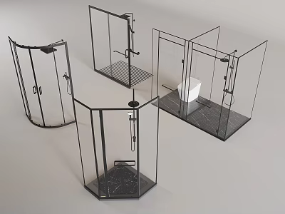 Different Designed Shower Enclosures With Glass Doors And Metal Frames Featuring Shower Heads 3d model