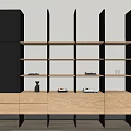 Modern Wooden Bookcase Interior With Black Accents Built In Lighting And Open Storage Shelves