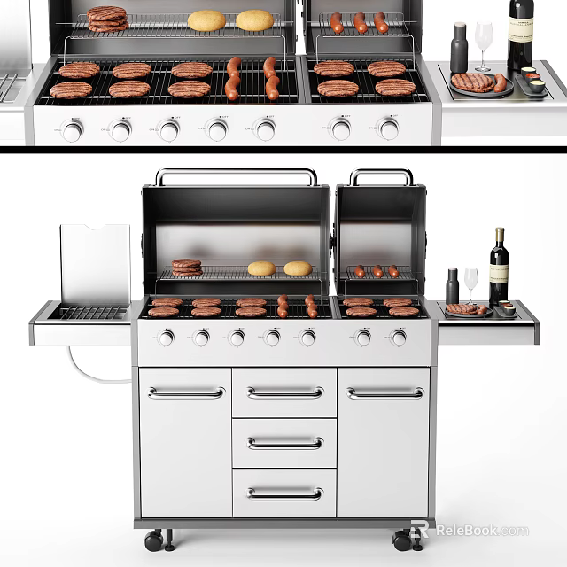 Stainless Steel Outdoor Grill Station With Burgers Sausages Wine Bottle And Storage Drawers 3d model 