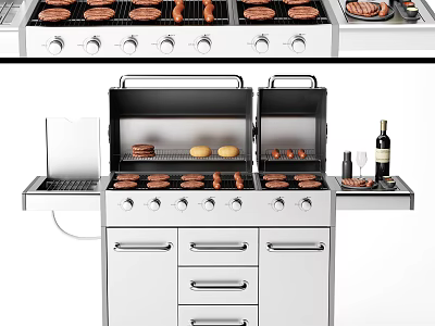 Stainless Steel Outdoor Grill Station With Burgers Sausages Wine Bottle And Storage Drawers 3d model