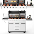 Stainless Steel Outdoor Grill Station With Burgers Sausages Wine Bottle And Storage Drawers