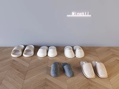 Minotti Slippers In Various Colors Displayed On Wooden Floor For Home Use 3d model