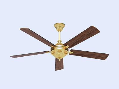 Golden Ceiling Fan With Wooden Blades And Carved Decorative Design 3d model