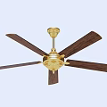 Golden Ceiling Fan With Wooden Blades And Carved Decorative Design