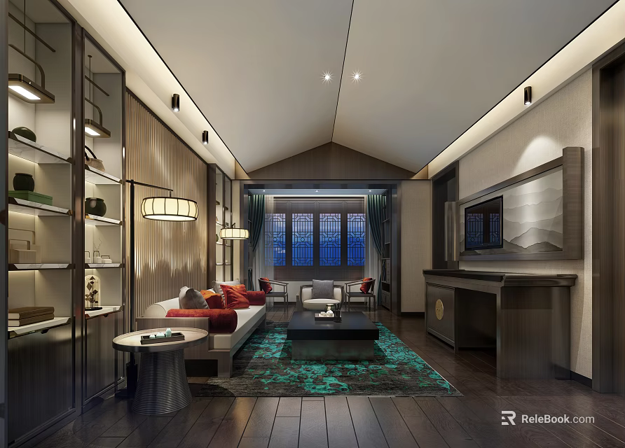 Chinese Style Living Room Interior With Wooden Decor Sofa Coffee Table And Green Carpet 3d model 