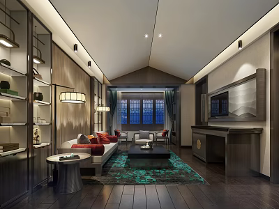 Chinese Style Living Room Interior With Wooden Decor Sofa Coffee Table And Green Carpet 3d model