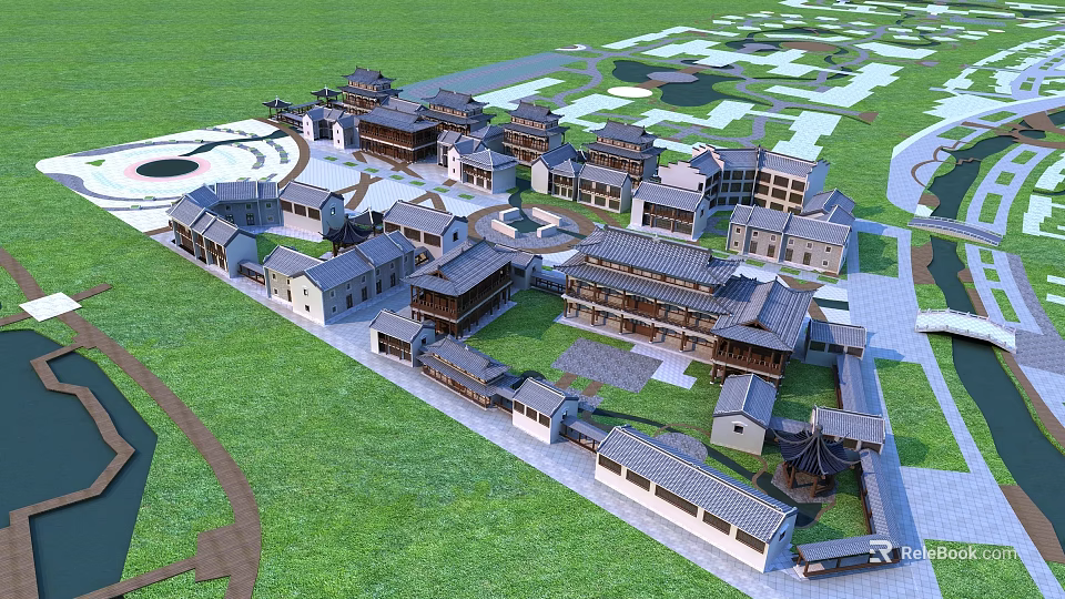 Ancient Architecture Complex Featuring Traditional Tiled Roofs Courtyards And Scenic Layout 3d model 