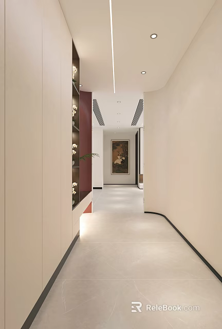 Minimalist Dining And Living Room Corridor With White Walls Built In Cabinets And Hanging Artwork 3d model 