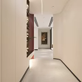 Minimalist Dining And Living Room Corridor With White Walls Built In Cabinets And Hanging Artwork