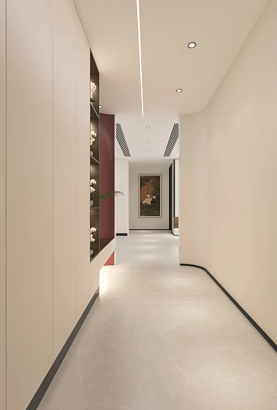 Minimalist Dining And Living Room Corridor With White Walls Built In Cabinets And Hanging Artwork 3d model