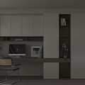 Modern Home Office Desk Setup With White Brown Cabinetry Computer Monitor Bookshelf And Chair