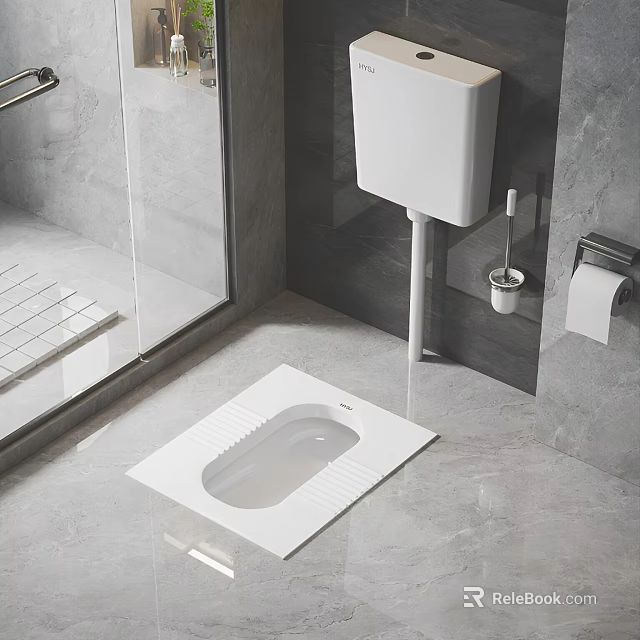Modern Squat Toilet in Contemporary Bathroom with Grey Tiles Glass Shower and Toilet Accessories 3d model 