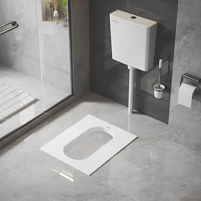 Modern Squat Toilet in Contemporary Bathroom with Grey Tiles Glass Shower and Toilet Accessories 3d model