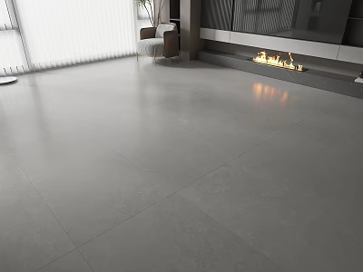 Modern Gray Floor Tiles In Living Room With Fireplace And Natural Light 3d model